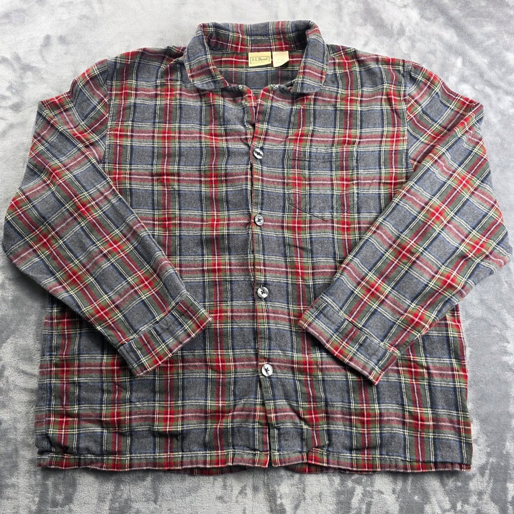 L.L. Bean‎ Pajama Shirt Mens XL Grey Red Plaid Cotton Flannel Button Front